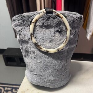 Gray Faux Fur Bucket Bag with Marble Handle
